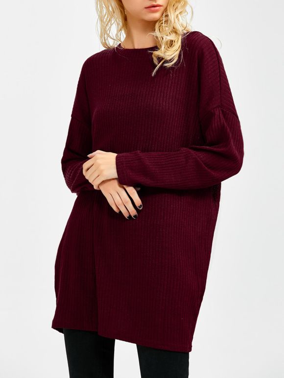 Skew Neck Long Sleeve Sweater - WINE RED S