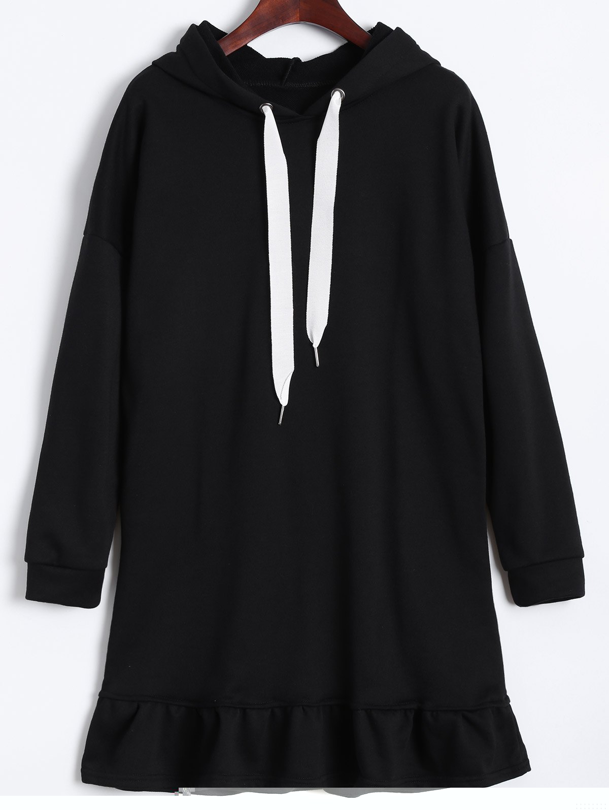 

Hooded Drawstring Flounce Dress, Black