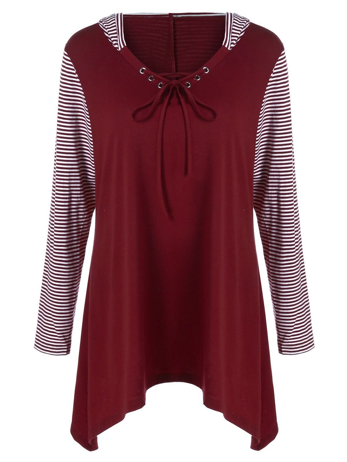 

Plus Size Asymmetrical Striped Hooded T-Shirt, Burgundy