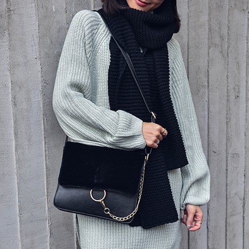

Plush Insert Chains Crossbody Bag, Black