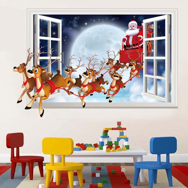 Christmas Santa Flying 3D Window Design Wall Stickers, Colormix