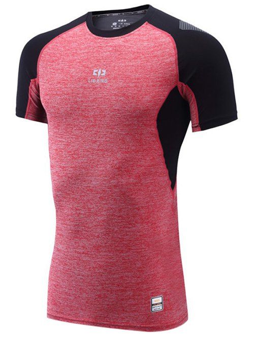 Color Block Spliced Raglan Sleeve Quick Dry Fitness T-Shirt, Red with black