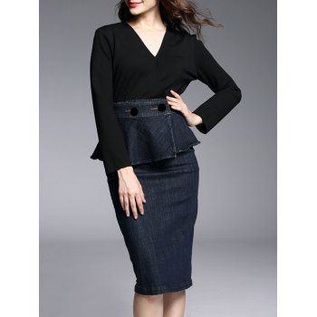 

Knee Length Work Pencil Long Sleeve Peplum Dress, Black