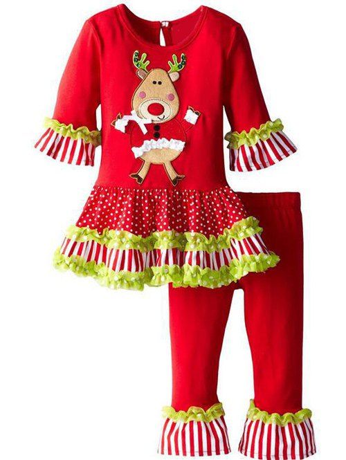 Une paire de pyjamas de Noël rayée imprimée d'élaphurus pour fillettes - Rouge 120