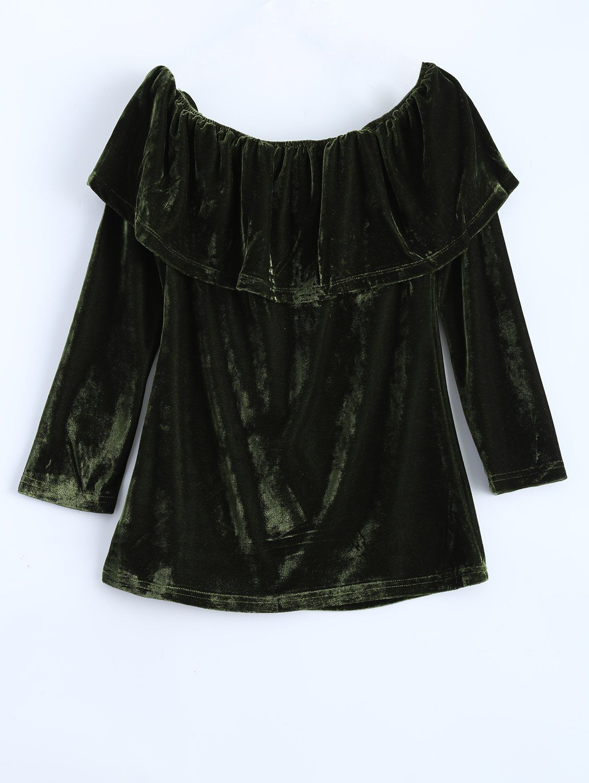 

Off Shoulder Ruffles Velvet T-Shirt, Green