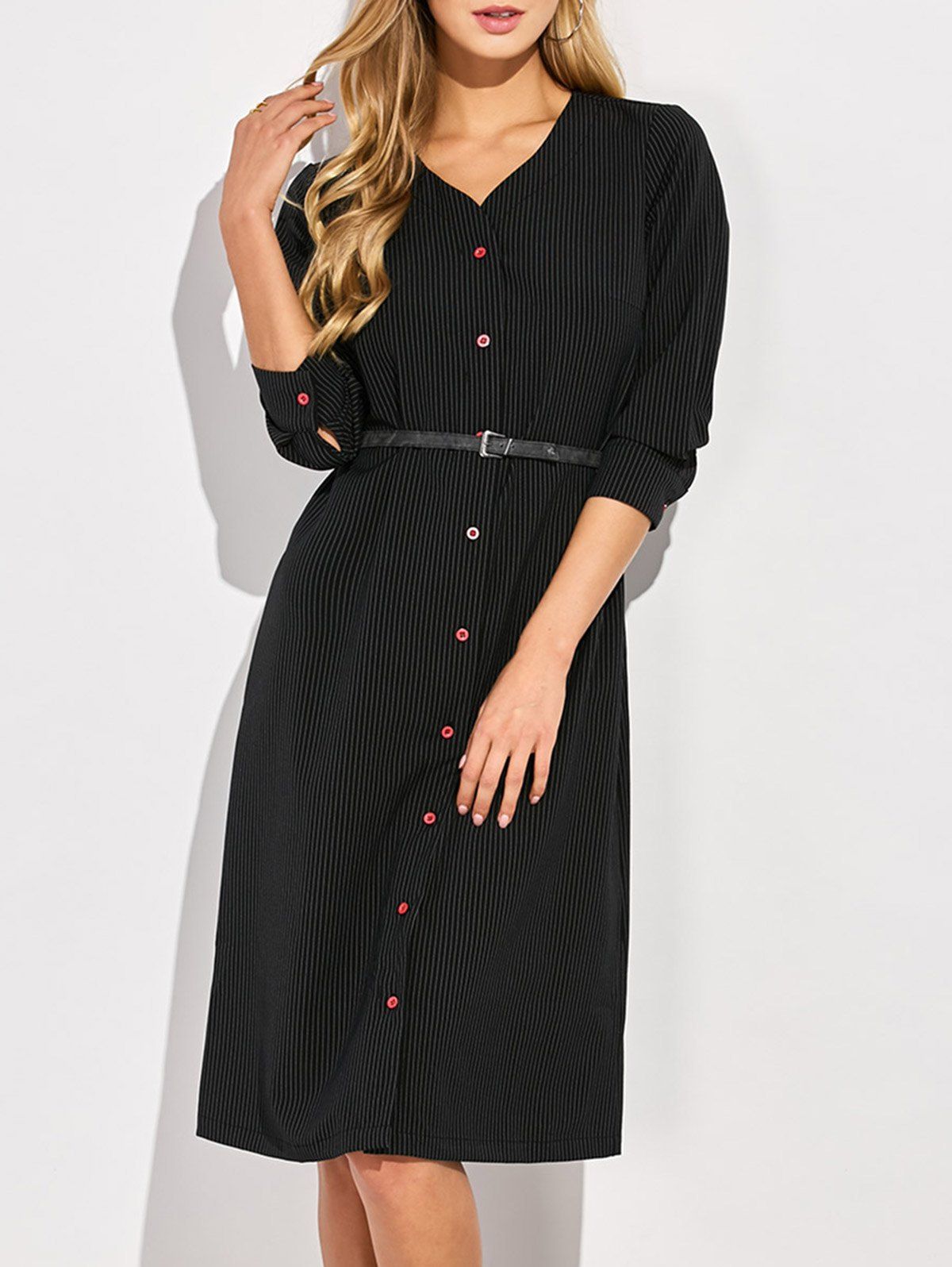 

Striped Single-Breasted A-Line Dress, Black