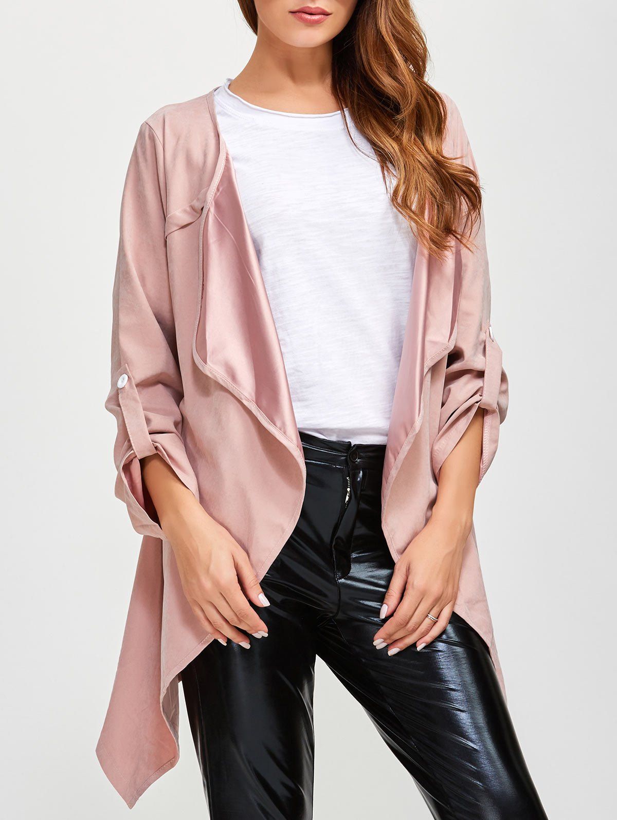 Drape Front Rolled Sleeve Coat - PINK XL