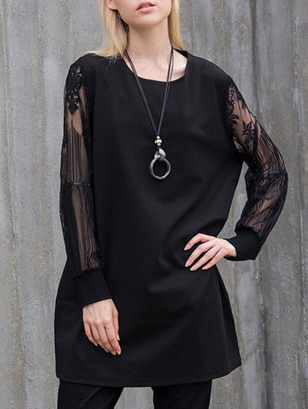 

Floral Lace Panel Tunic T-Shirt, Black
