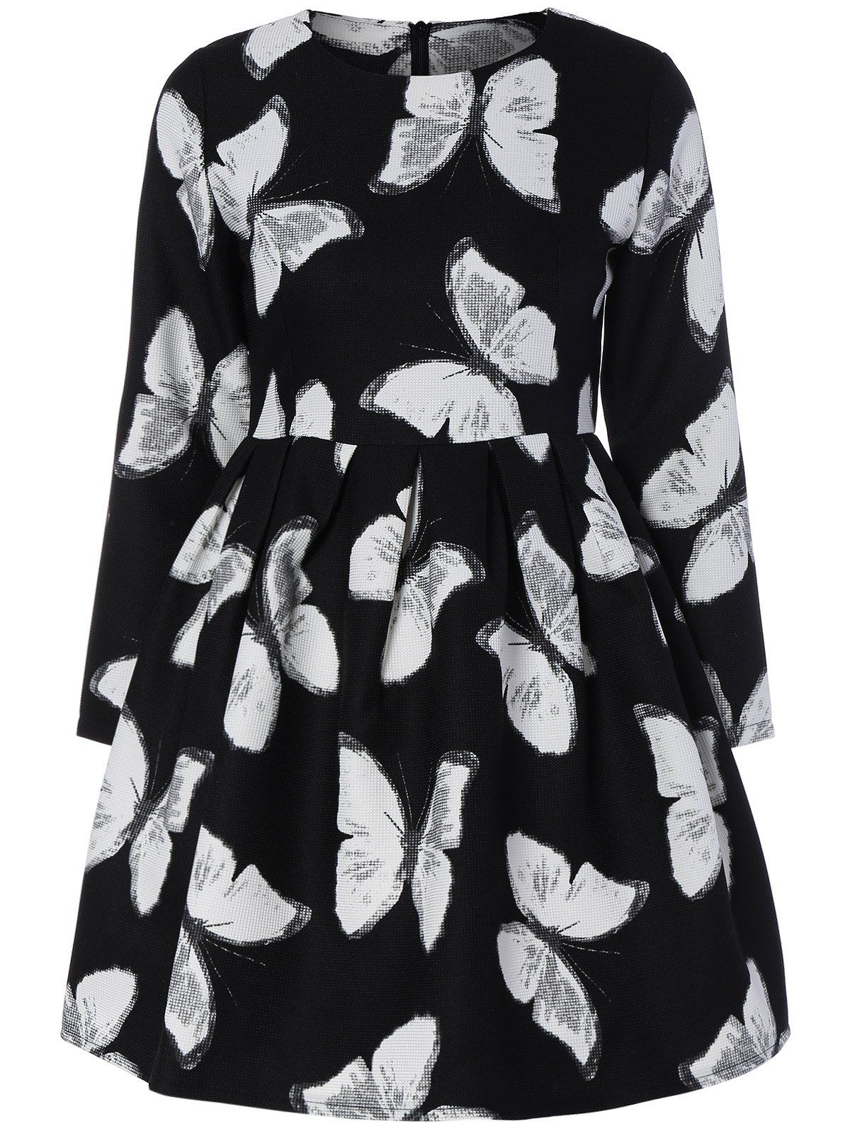 

Long Sleeve Butterfly Print A Line Dress, Black