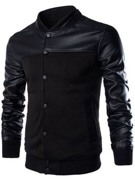 Stand Collar PU Leather Splicing Design Single Breasted Jacket