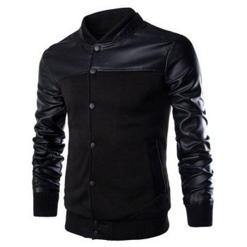 

Stand Collar PU Leather Splicing Design Single Breasted Jacket, Black