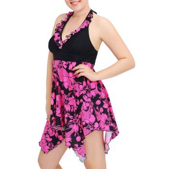 Halter Retro Flower Print Asymmetric Hem Tankini Set