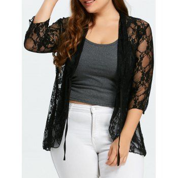 Plus Size Drawstring Asymmetric Lace Jacket, BLACK, XL in Plus Size ...