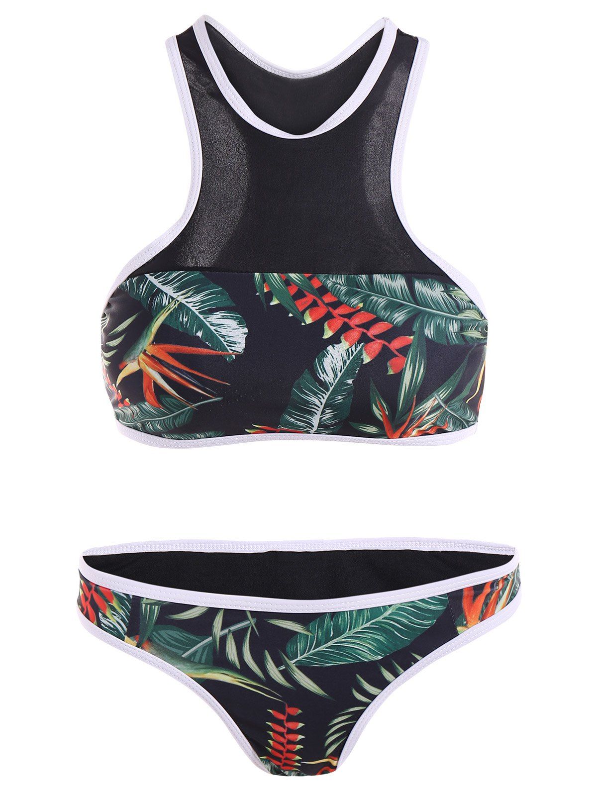 

Leaf Print Contrast Piped Bikini Set, Black
