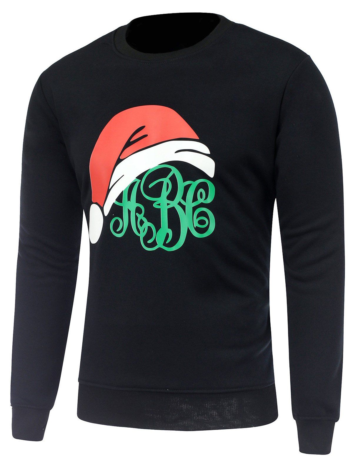 

Crew Neck Christmas Hat Print Sweatshirt, Black