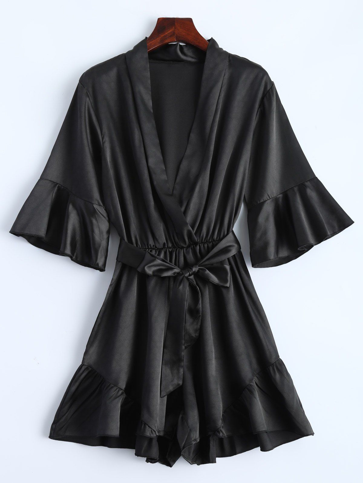 

Belted Flounce Satin Ruffle Romper, Black