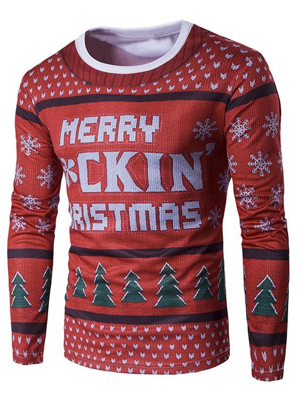 

3D Christmas Graphic Print Long Sleeve T-shirt, Red