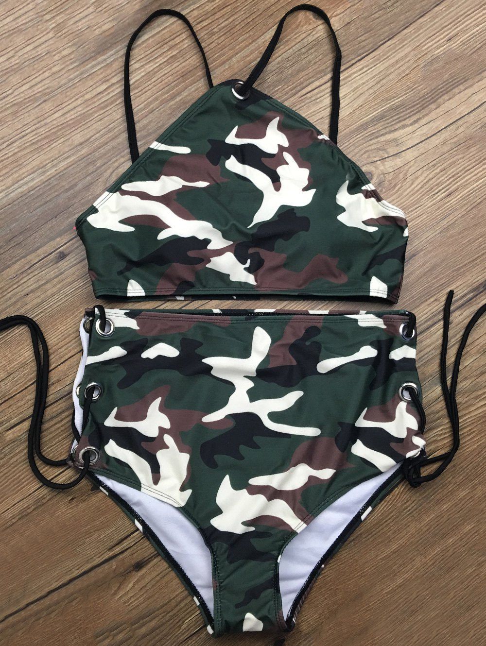 

Lace Up Camouflage Two Piece High Waisted Bikini, Camouflage color