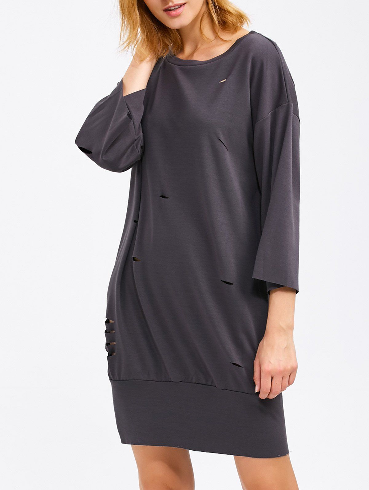 

Drop Shoulder Ripped Sweatshirt Dress, Deep gray