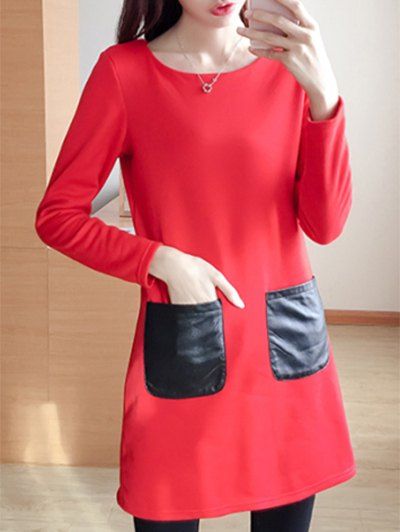 

Patch Pocket Fleece Lined Dress, Red