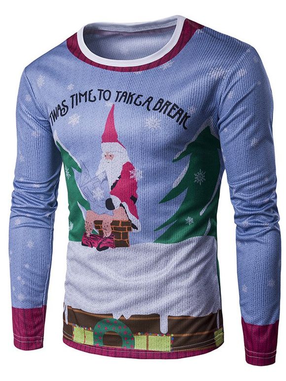 Long Sleeve 3D Père Noël et T-shirt de toit Imprimer - multicolore L