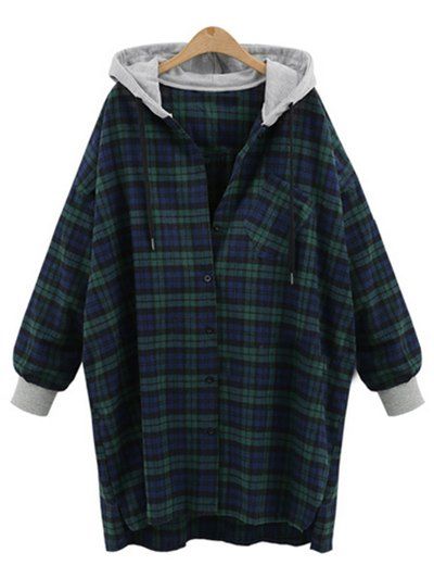 Plus Size Manteau de cocon à carreaux avec capuche - Vert 4XL