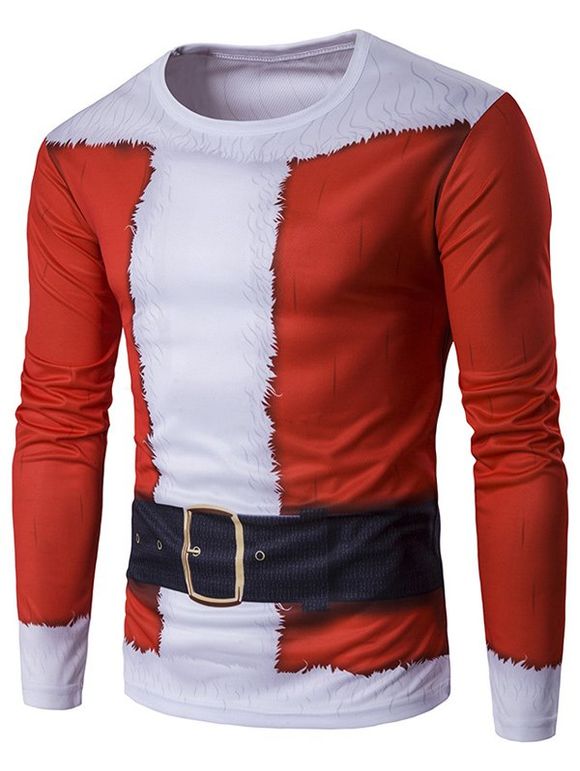 T-Shirt à Manches Longues Imprimé Costume Père Noël 3D - Rouge XL