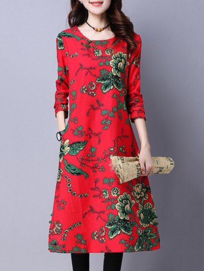 

Floral Print Fleece Lined Midi Dress, Red