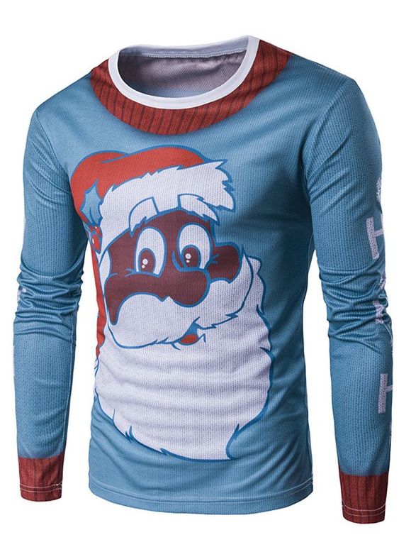 T-Shirt à Manches Longues Imprimé Père Noël 3D - Bleu XL