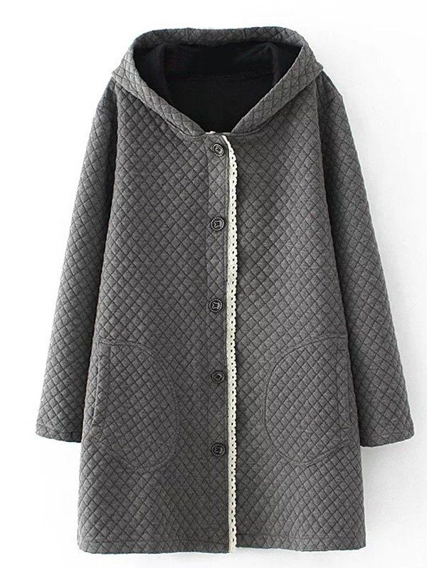 Plus Size Quilted Long Jacket with Hood - GRAY 3XL