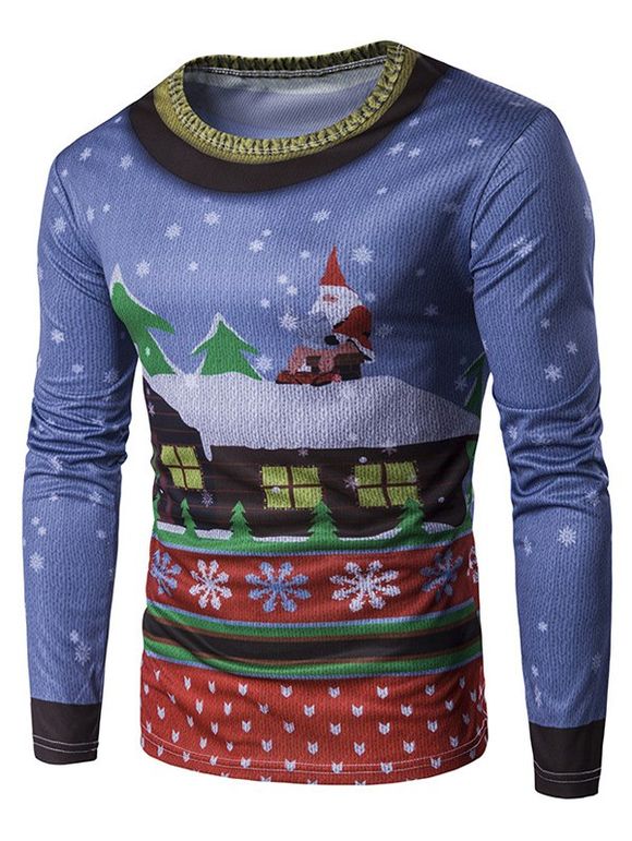 T-Shirt à Longues Manches Imprimé Père Noël sur le Toit 3D - multicolore 2XL