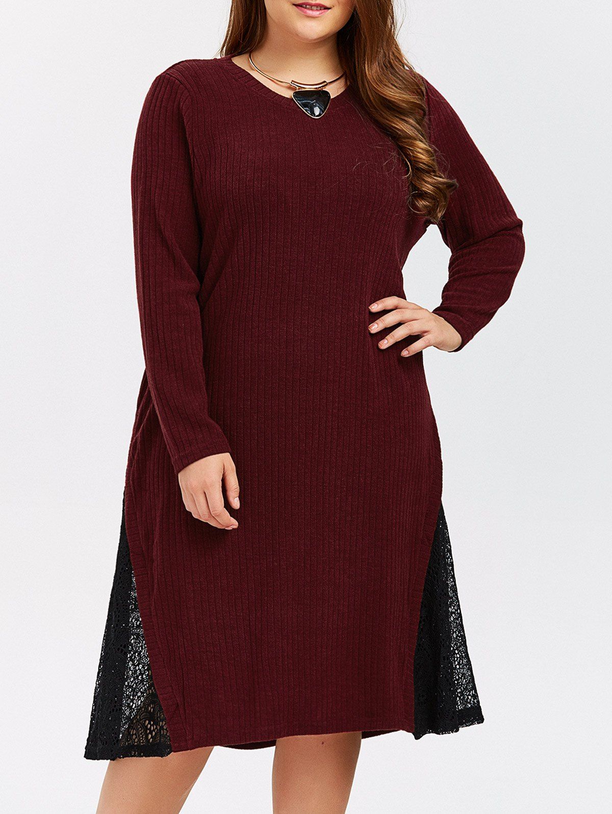 [17% OFF] 2020 Lace Panel Plus Size Knitted Dress In WINE RED | DressLily