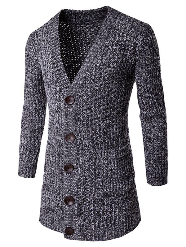 

V Neck Pocket Button Front Knitted Cardigan, Deep gray