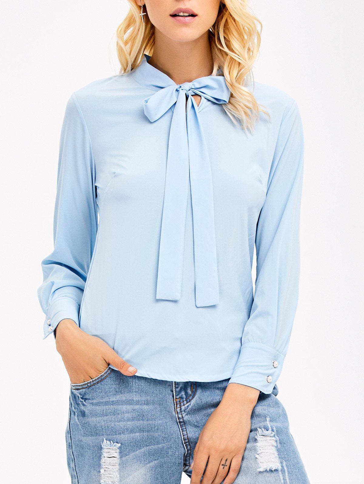 Pussy Bow Tie Long Sleeves Blouse - LIGHT BLUE L
