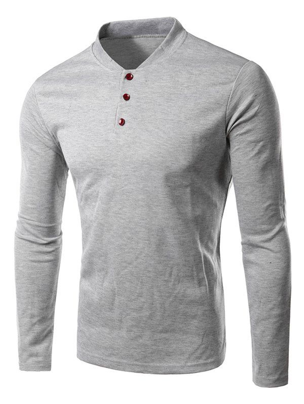 

Stand Collar Long Sleeve Button Design Tee, Light gray