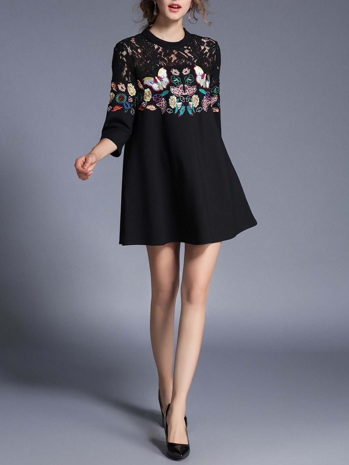 

Embroidery Lace Panel Mini Dress, Black