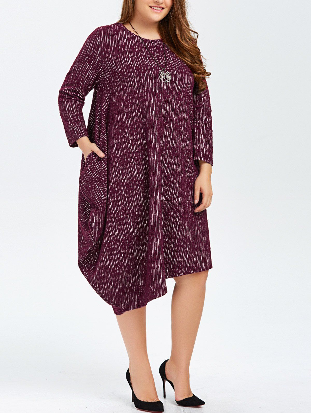 

Plus Size Long Sleeves Asymmetrical Baggy Dress, Wine red