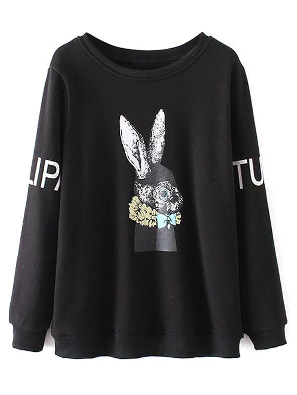 

Plus Size Crew Neck Rabbit Print Sweatshirt, Black