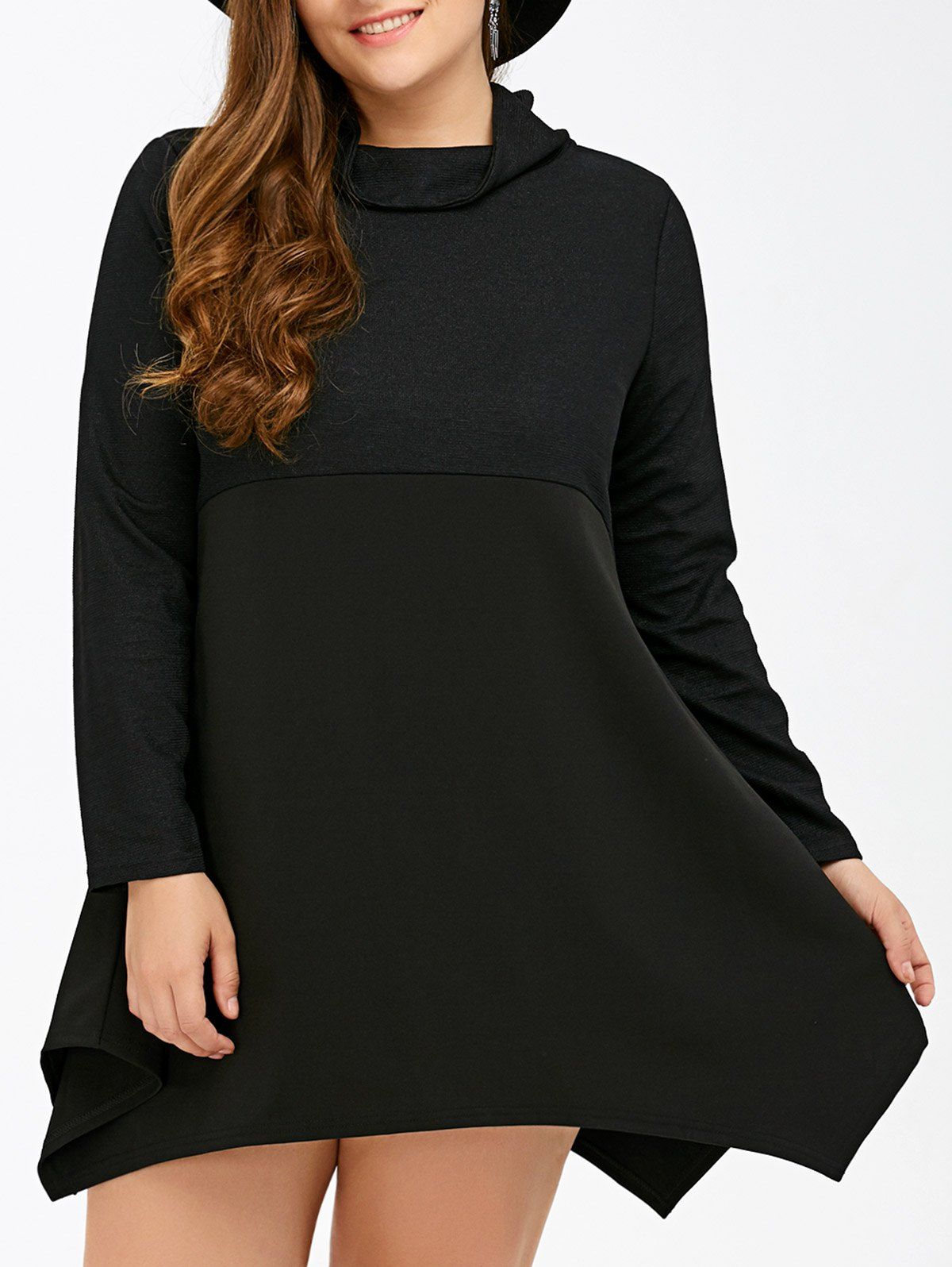 

Long Sleeve Asymmetrical Plus Size Handkerchief Dress, Black