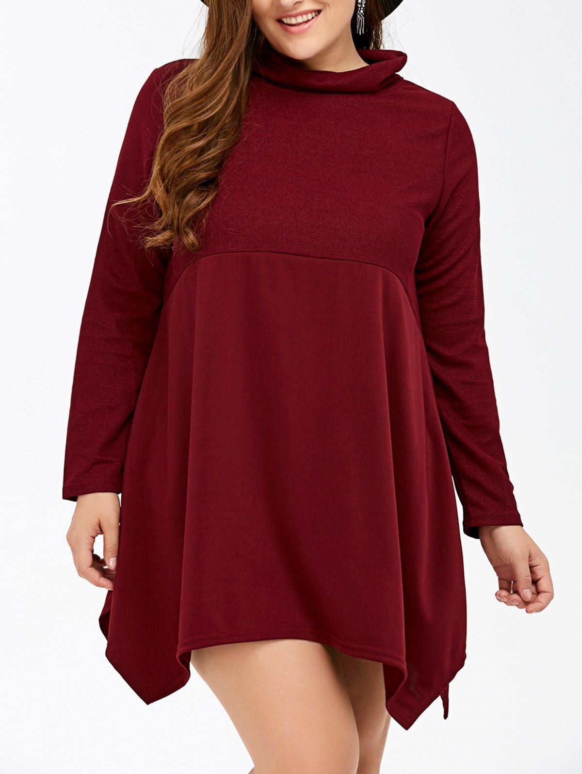 

Long Sleeve Asymmetrical Plus Size Handkerchief Dress, Burgundy