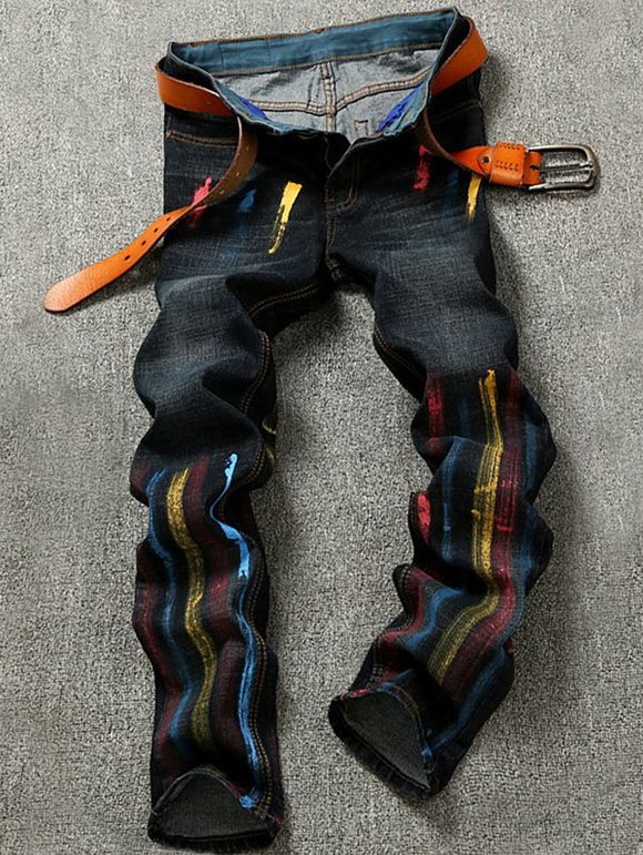 Jean zippé avec poches et rayures colorées - Noir 38
