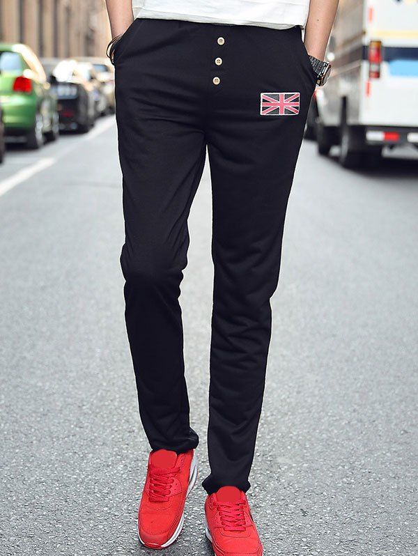 

Plus Size Lace Up Narrow Feet Button Design Union Jack Print Pants, Black