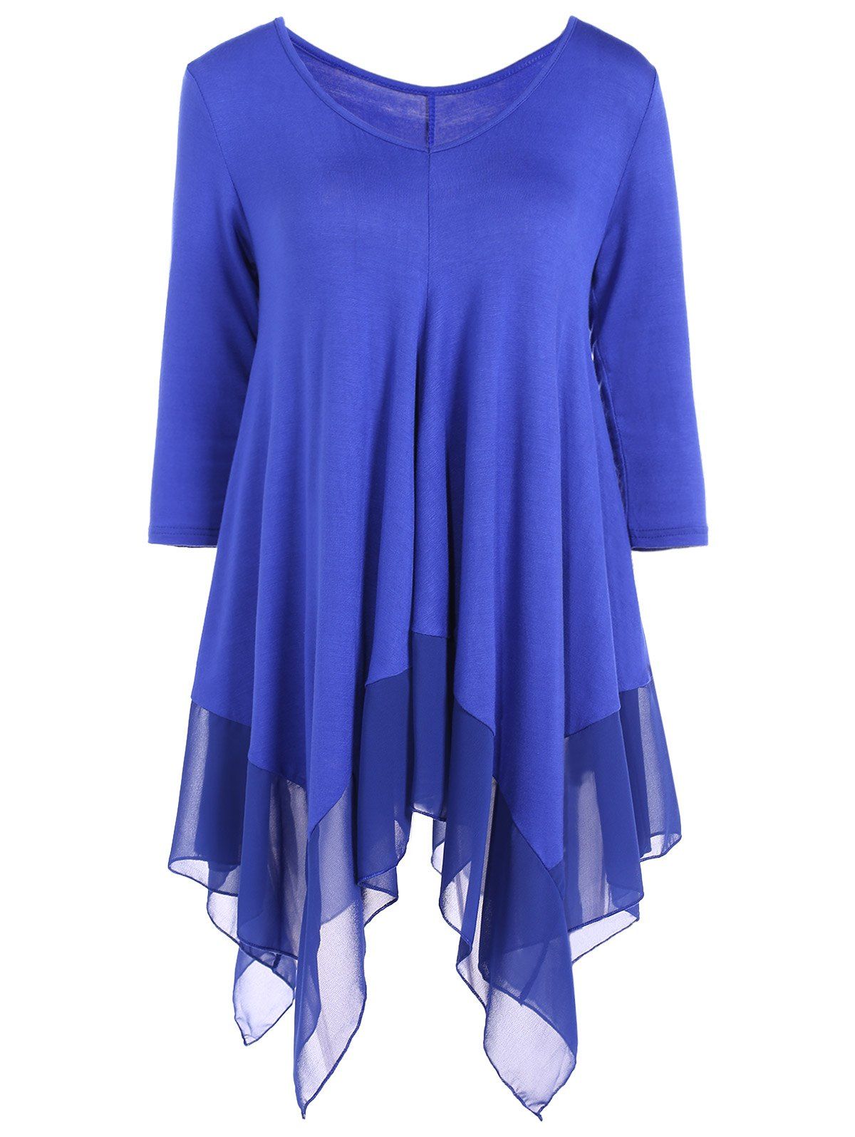 

Asymmetrical V Neck Chiffon Panel T-Shirt, Blue