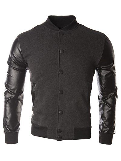 

Color Block Faux Leather Panel Bomber Jacket, Deep gray