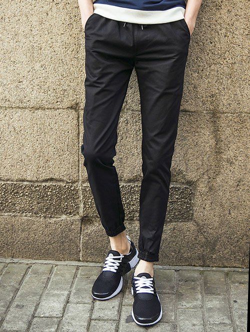 

Plus Size Lace Up Beam Feet Embroidered Jogger Pants, Black
