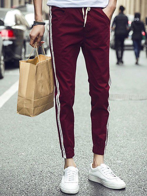 

Plus Size Lace Up Beam Feet Side Stripe Jogger Pants, Wine red