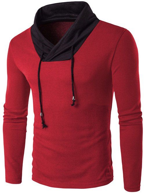 

Color Block Stand Collar Knitted T-Shirt, Red