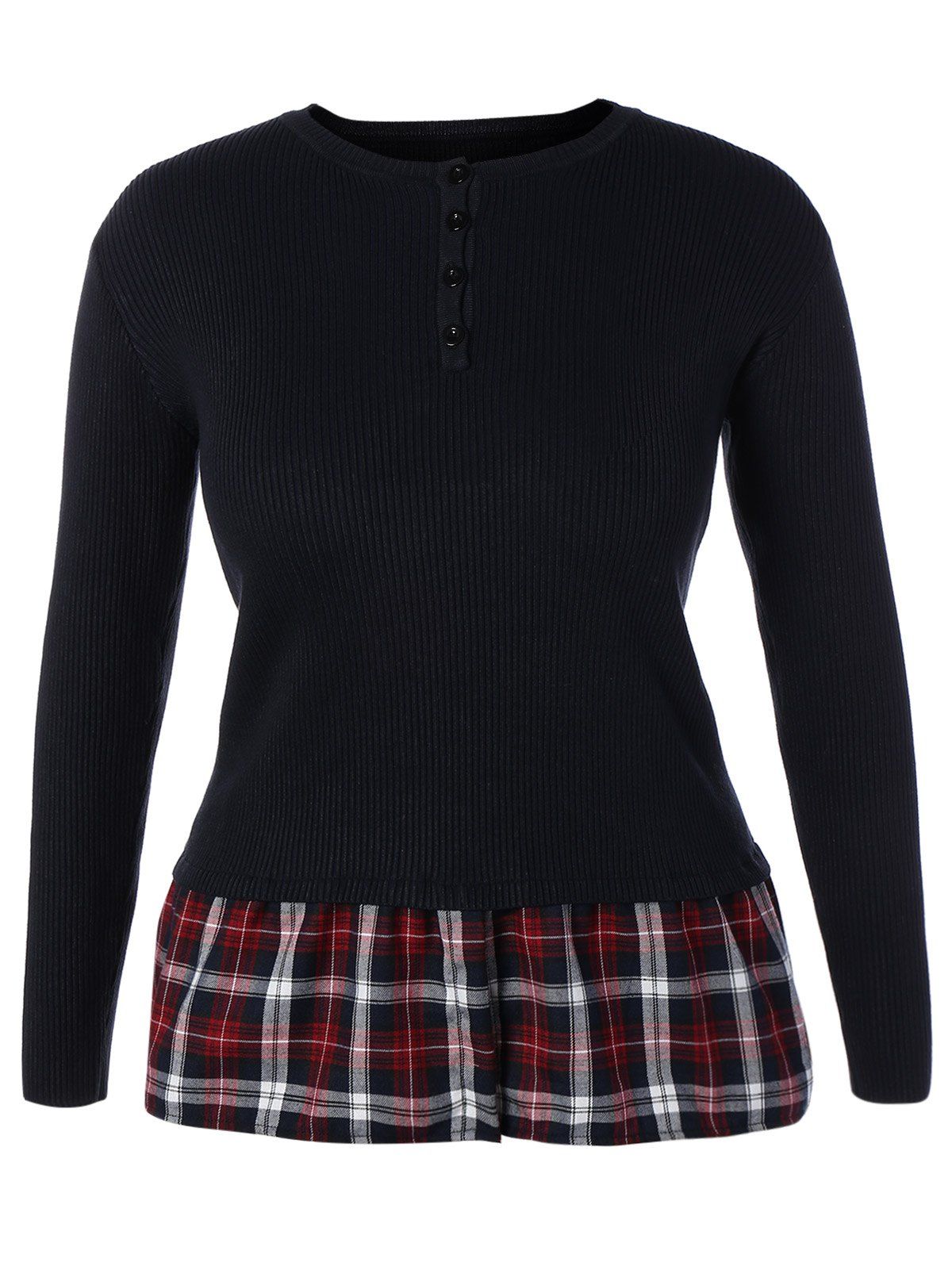 

Plus Size Skinny Ribbed Sweater With Plaid Inset, Black