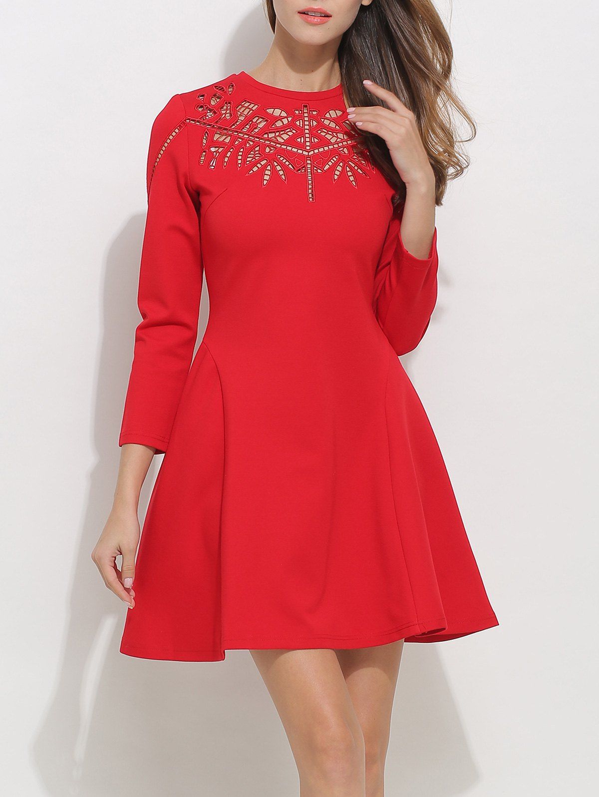 Openwork Long Sleeve Fit and Flare Skater Dress - RED M
