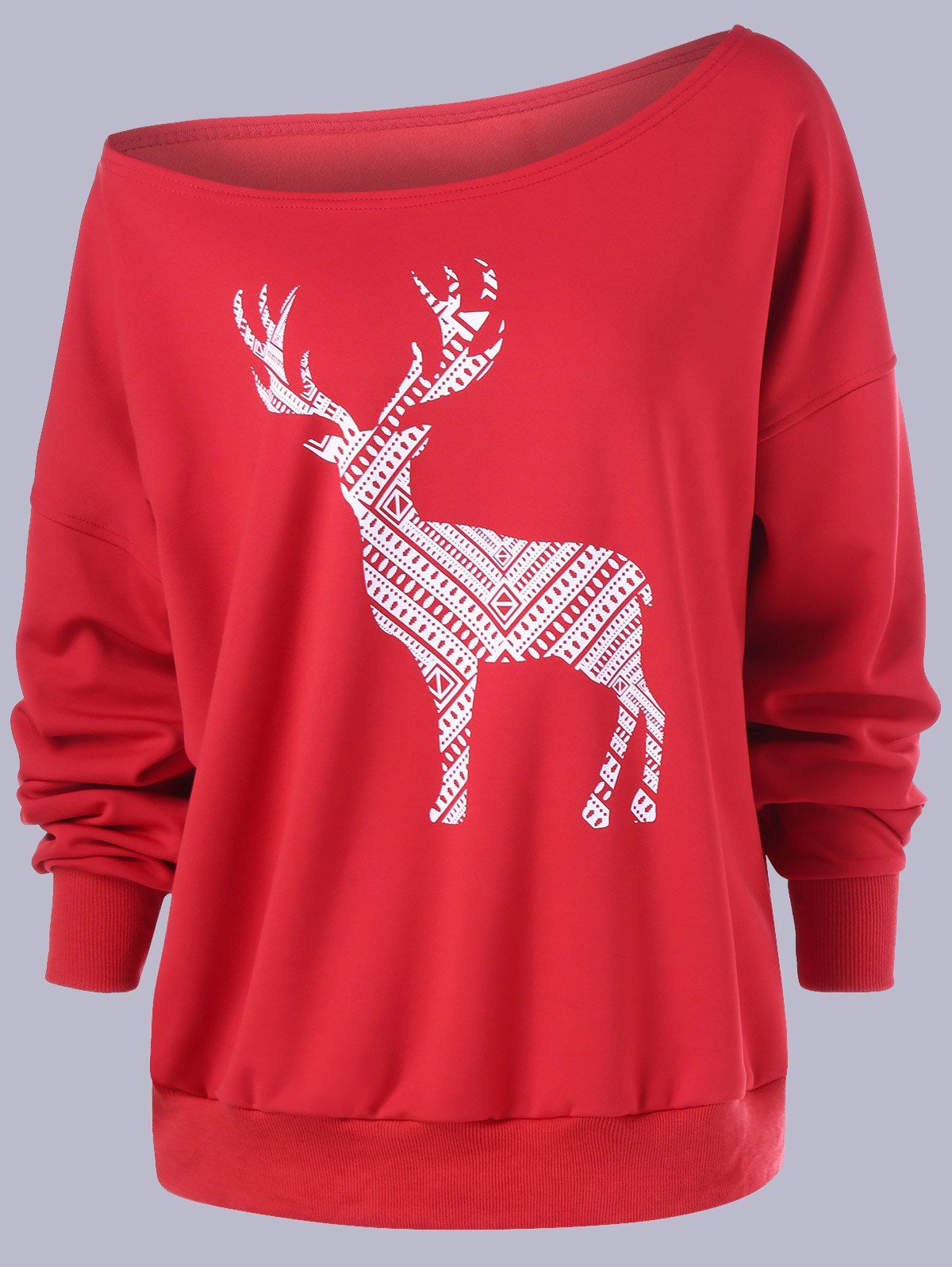 

Plus Size Fawn Print Skew Collar Sweatshirt, Red